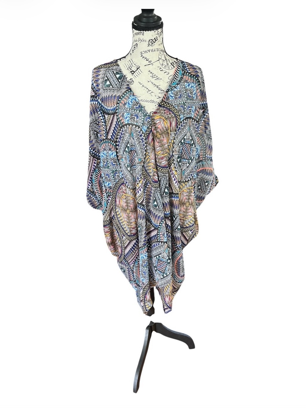 Red Carter Aztec Tribal Geometric Print V-Neck Kaftan Tunic Kimono Dress